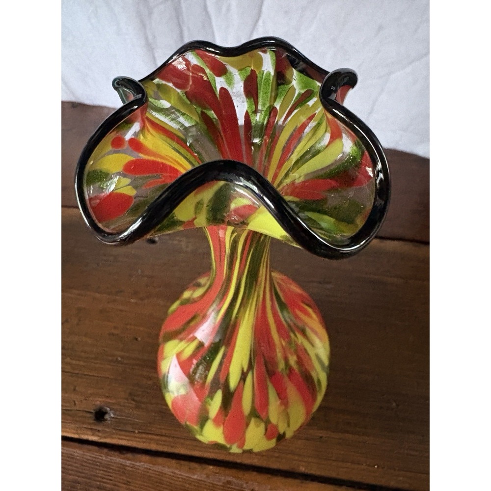 Czech Art Glass Vase 8.75"H Multicolored Black Ruffled Rim Swirl Glitter READ